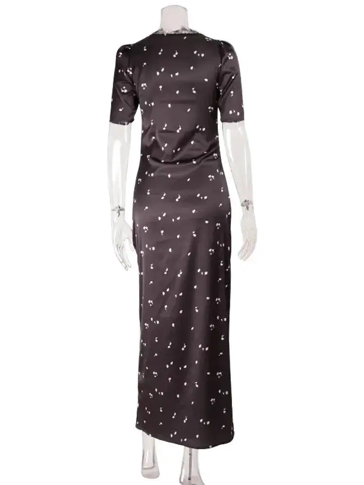 Ahagaga Eelgant Dresses For Women Patchwork Lace Floral V-Neck Short Sleeves Slim Fit Bodycon Trend Sheath Femlae Vestidos Robes by Dropshipman