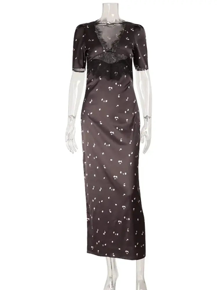 Ahagaga Eelgant Dresses For Women Patchwork Lace Floral V-Neck Short Sleeves Slim Fit Bodycon Trend Sheath Femlae Vestidos Robes SHOPEZRA L.L.C.