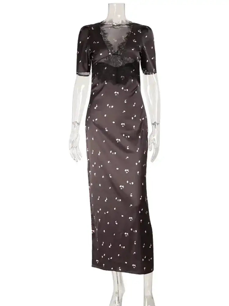 Ahagaga Eelgant Dresses For Women Patchwork Lace Floral V-Neck Short Sleeves Slim Fit Bodycon Trend Sheath Femlae Vestidos Robes by Dropshipman
