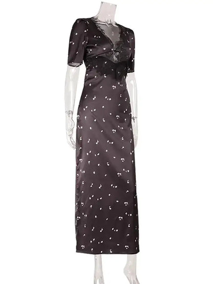 Ahagaga Eelgant Dresses For Women Patchwork Lace Floral V-Neck Short Sleeves Slim Fit Bodycon Trend Sheath Femlae Vestidos Robes by Dropshipman