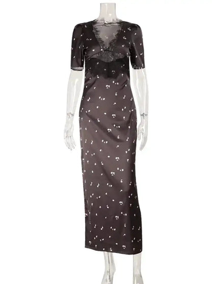 Ahagaga Eelgant Dresses For Women Patchwork Lace Floral V-Neck Short Sleeves Slim Fit Bodycon Trend Sheath Femlae Vestidos Robes by Dropshipman