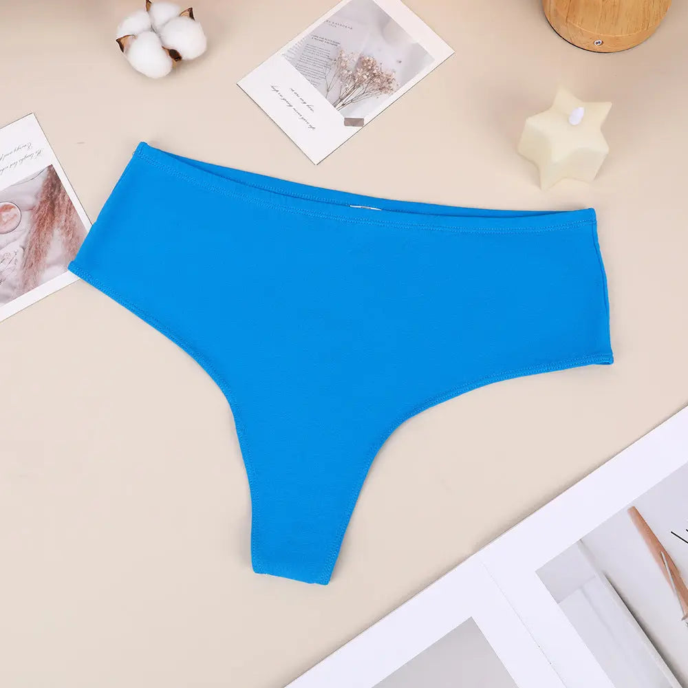 Black high waist cotton thong with high split design, elastic fit, and seamless comfort, ideal as versatile women's underwear.
