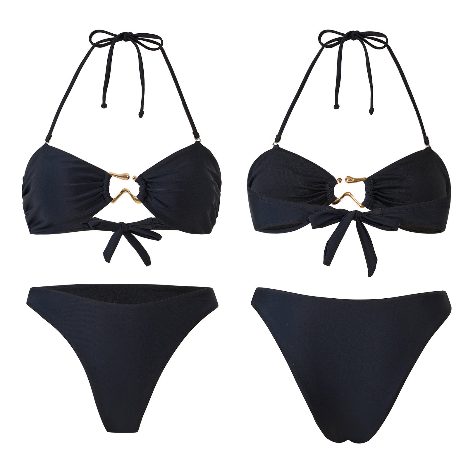 Black bikini split swimsuit by SHOPEZRA L.L.C., featuring a sexy solid color design with gather-up and thong details, suitable for Europe and America.