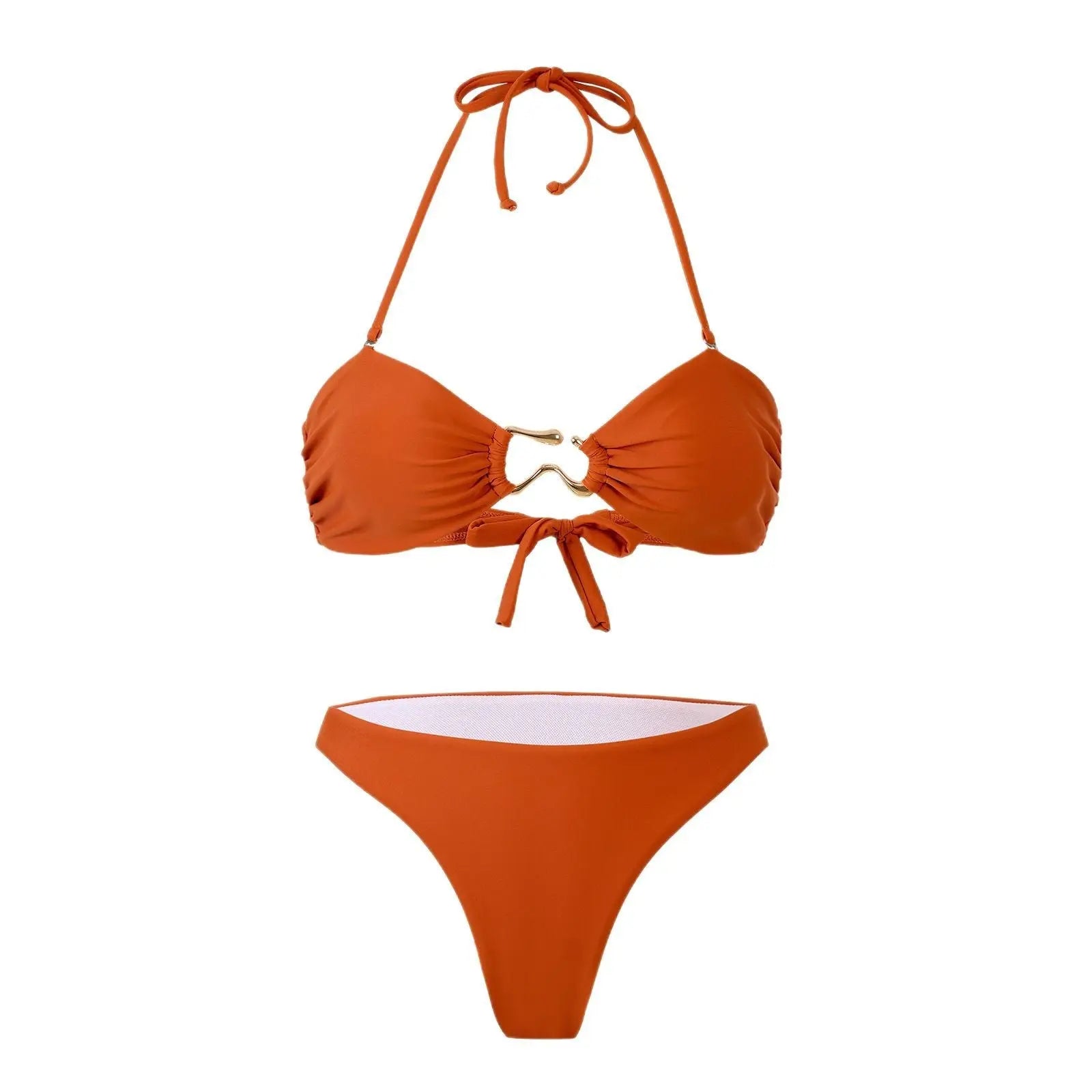 Black bikini split swimsuit with gather-up thong design, featuring a sexy solid color style from SHOPEZRA L.L.C.