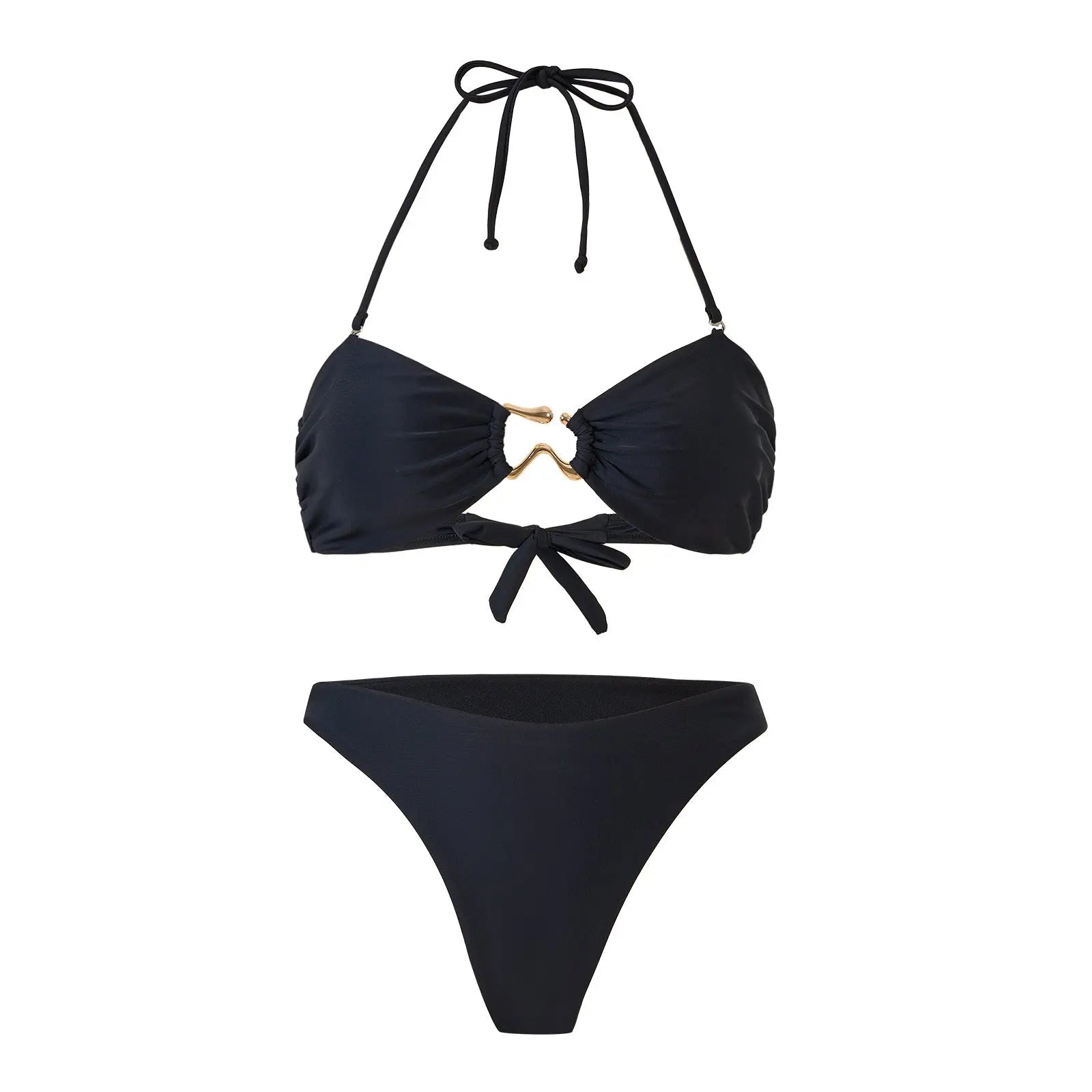 Black bikini split swimsuit with gather-up thong design, featuring a sexy solid color style from SHOPEZRA L.L.C.