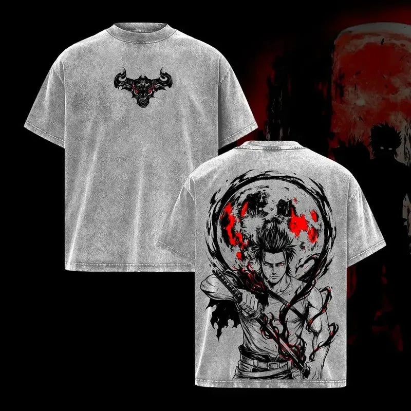 Black Clover anime printed T-shirt featuring Yami Sukehiro, oversized short sleeve cotton top for men and women.