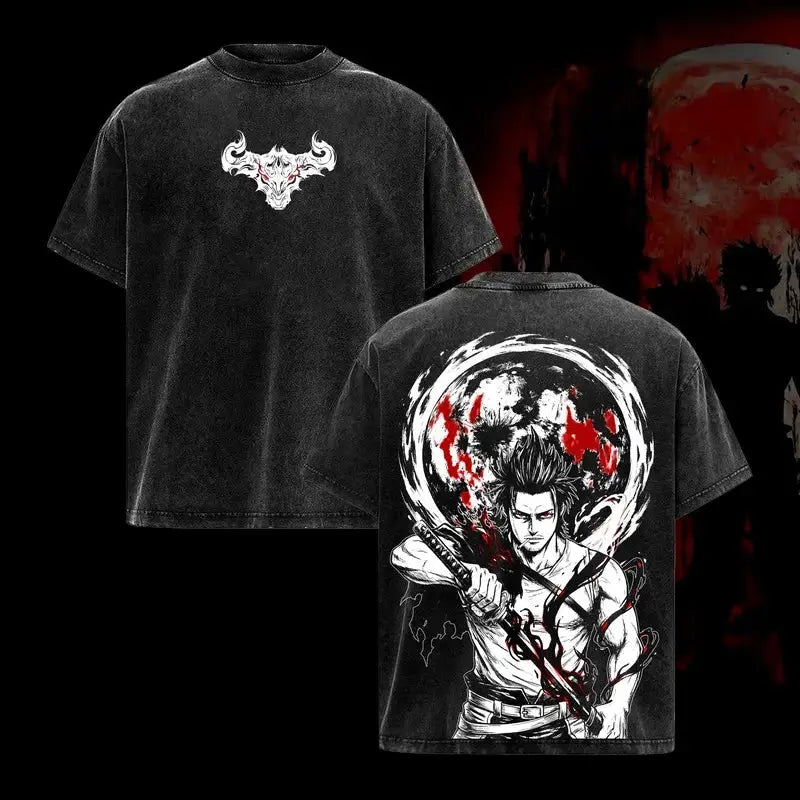 Black Clover Yami Sukehiro anime printed oversized short sleeve cotton T-shirt for men and women, featuring character artwork.