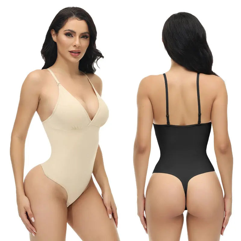 Black plus-size shapewear bodysuit with tummy control, waist cincher, and elastic, tight-fitting body shaping underwear.