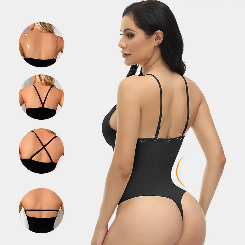 Black plus-size European and American shapewear bodysuit with tummy control, waist cincher, and body-shaping elastic fit.