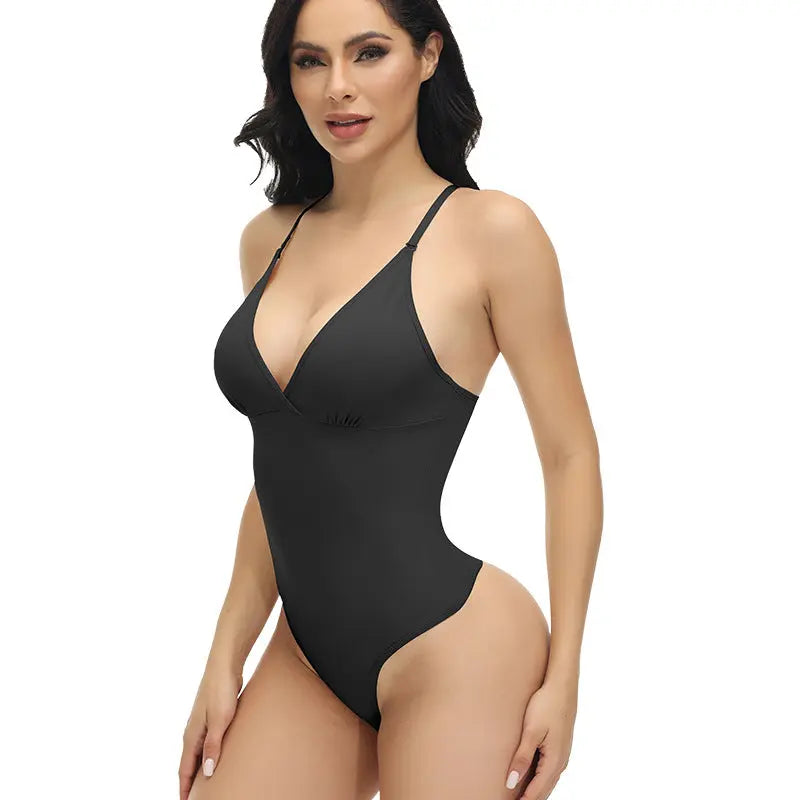 Black plus-size shapewear bodysuit with tummy control, waist cincher, and elastic fit, designed for body shaping and body-hugging comfort.
