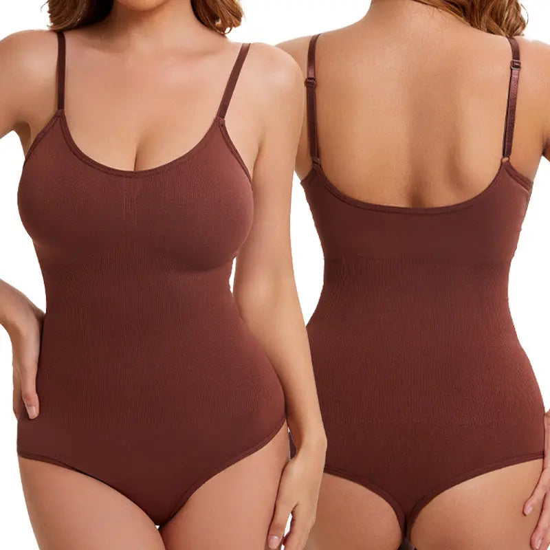 Black seamless shapewear bodysuit with thong style, open-crotch design, tummy control, and butt-lifting features by SHOPEZRA L.L.C.