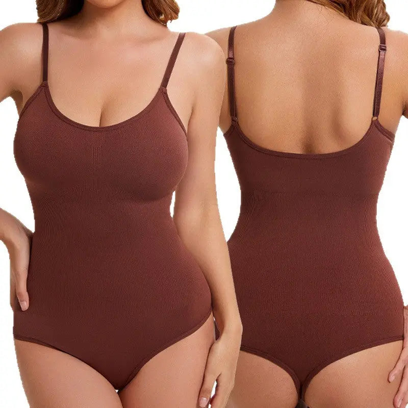 Black seamless shapewear bodysuit with thong style, open-crotch camisole, tummy control, and butt-lifting design by SHOPEZRA L.L.C.
