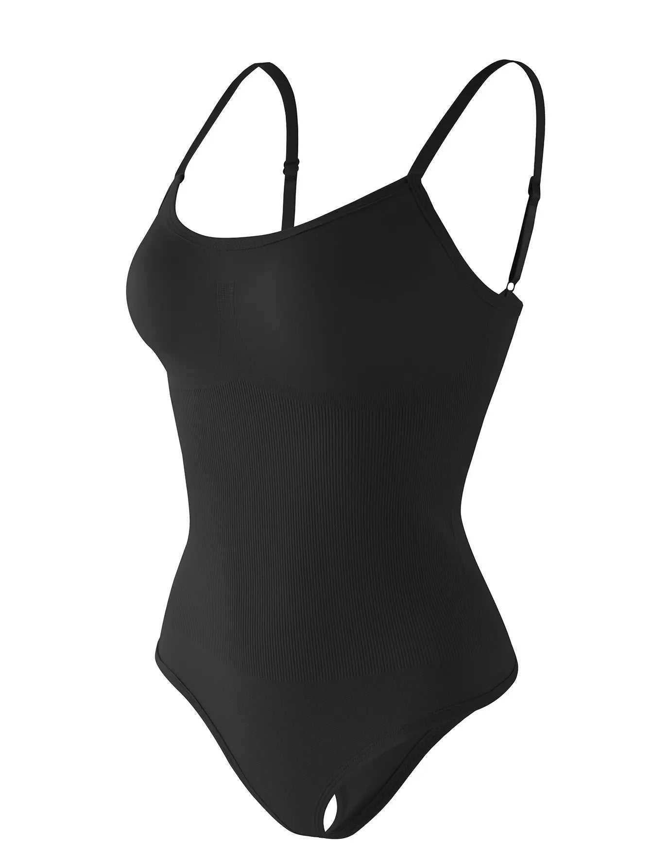 Black seamless shapewear bodysuit with thong style, open crotch, buttoned front, tummy control, and butt-lifting design by SHOPEZRA L.L.C.