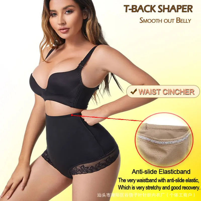 Black plus size T-shaped body-shaping thong underwear with hip-lifting design, seamless and traceless for a smooth fit.
