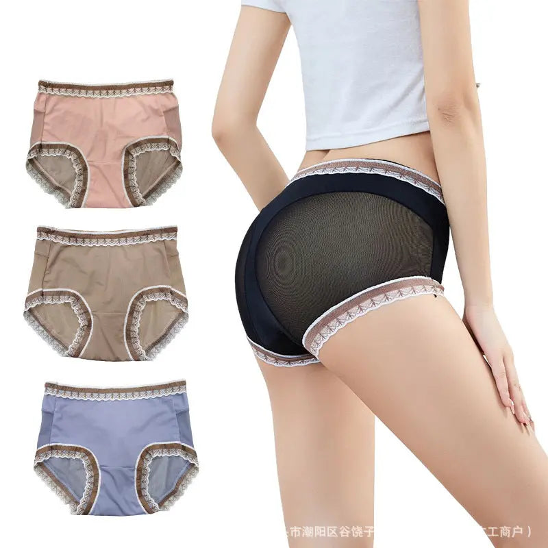 Black women's breathable mesh briefs with a tight waist, hip-lifting design, pure cotton crotch, lace details, plus size underwear