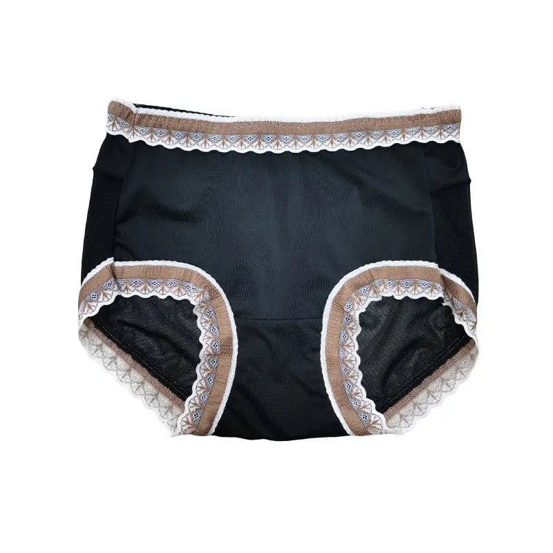 Black women's breathable mesh briefs with low waist, lace details, pure cotton crotch, plus size, and hip-lifting design.