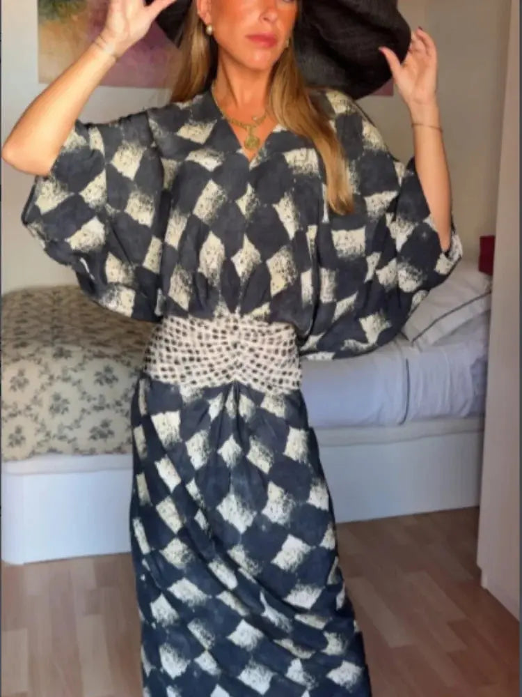 Elegant plaid printed women's long dress with V-neck, batwing sleeves, waist cinching, ideal for spring and summer casual holidays.