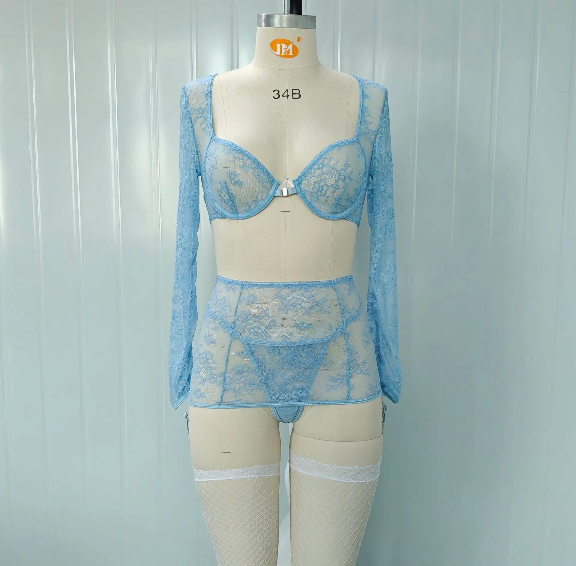 Black lace long sleeve backless sexy bodysuit by SHOPEZRA L.L.C., featuring a sheer perspective, thong style, and cross-border design.
