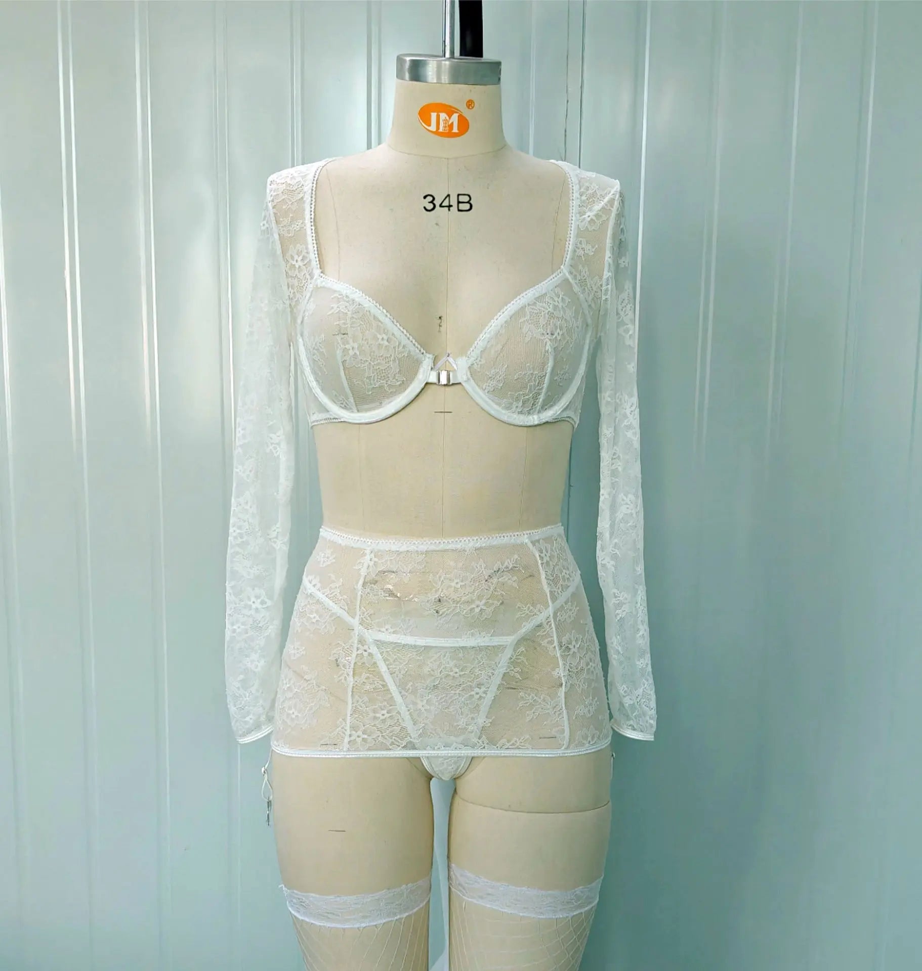 Black lace long sleeve backless sexy bodysuit by SHOPEZRA L.L.C., featuring sheer lace details and a thong design.