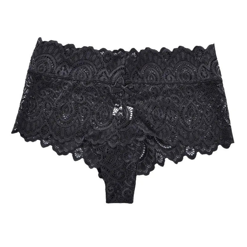 Black high-waist seamless women's underwear briefs with lace details, Japanese style, nylon material, and European-American design.