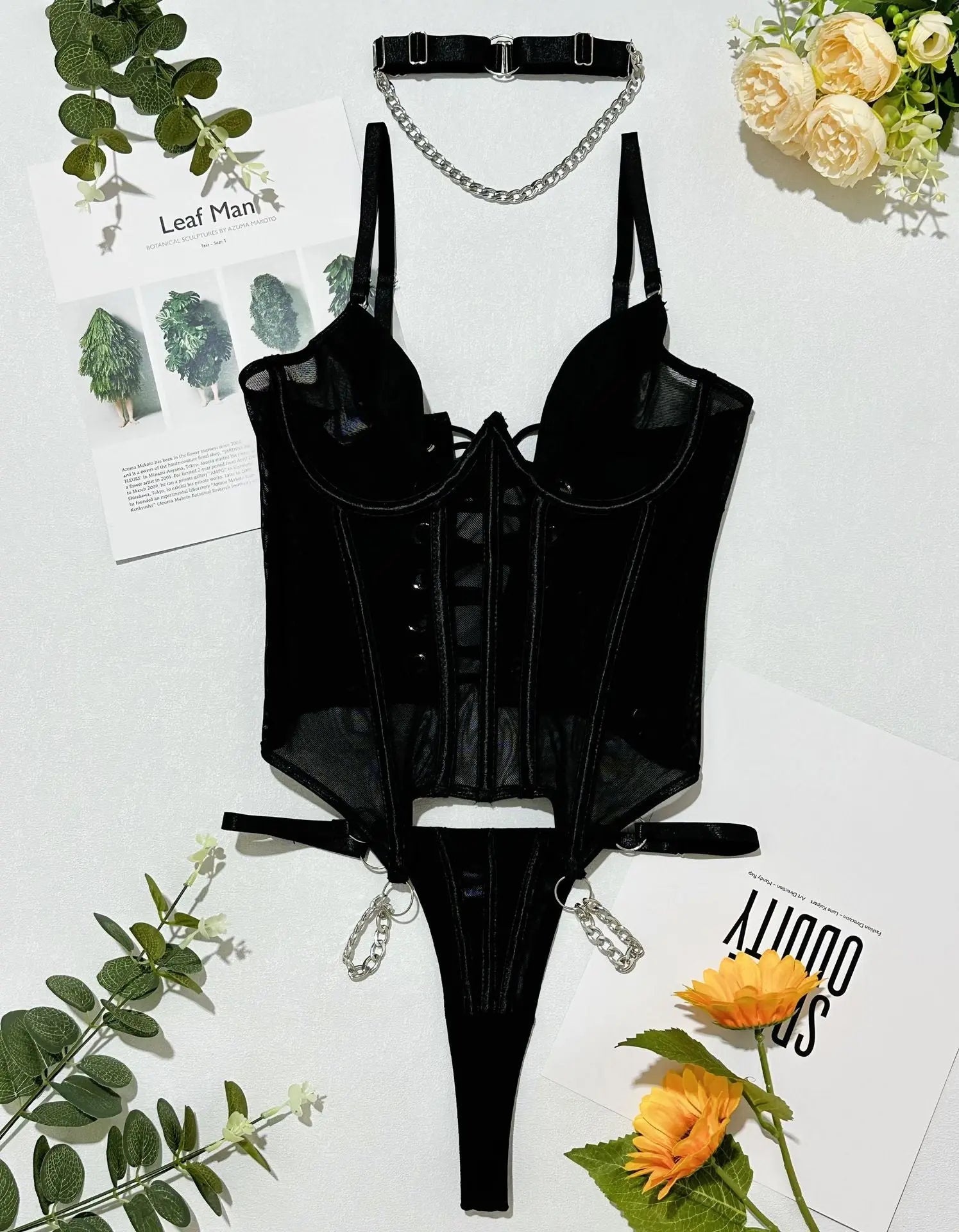 Black European and American sexy lace-up mesh body shaper with fishbone back and thong, designed by SHOPEZRA L.L.C.