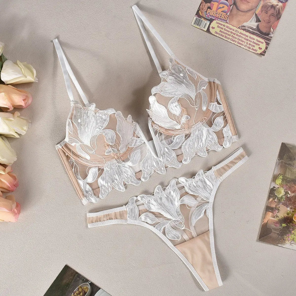 European and American sexy underwear set by SHOPEZRA L.L.C., featuring French deep V embroidery, mesh lace, and ultra-thin design.