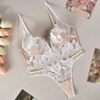 European and American sexy underwear French deep V embroidery stitching mesh lace underwear ultra-thin big chest small bra suit by Dropshipman