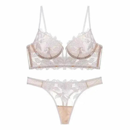 European and American sexy underwear French deep V embroidery stitching mesh lace underwear ultra-thin big chest small bra suit by Dropshipman