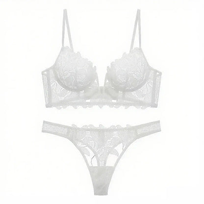 European and American sexy underwear French deep V embroidery stitching mesh lace underwear ultra-thin big chest small bra suit SHOPEZRA L.L.C.