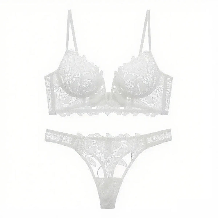European and American sexy underwear French deep V embroidery stitching mesh lace underwear ultra-thin big chest small bra suit SHOPEZRA L.L.C.