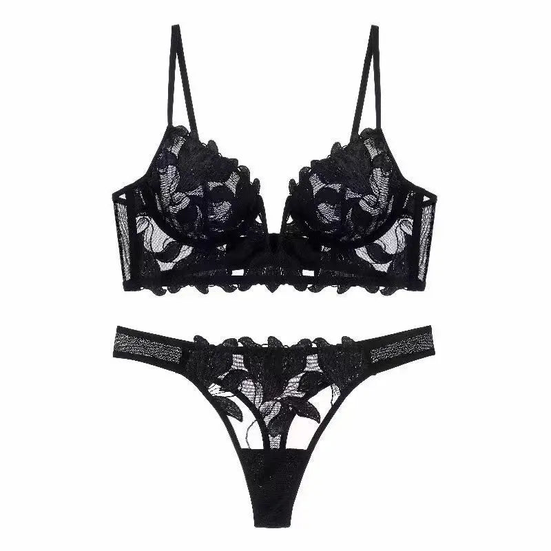 European and American sexy black lace mesh underwear with deep V embroidery, ultra-thin design, suitable for big chest and small bra fits.