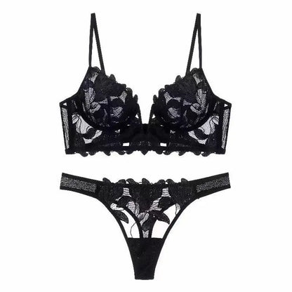 European and American sexy underwear French deep V embroidery stitching mesh lace underwear ultra-thin big chest small bra suit SHOPEZRA L.L.C.