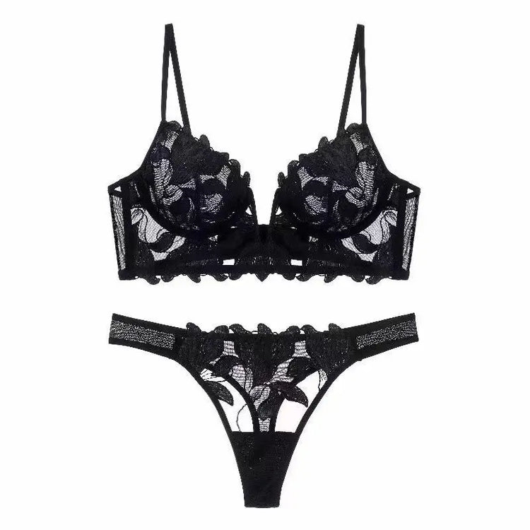 European and American sexy underwear French deep V embroidery stitching mesh lace underwear ultra-thin big chest small bra suit SHOPEZRA L.L.C.