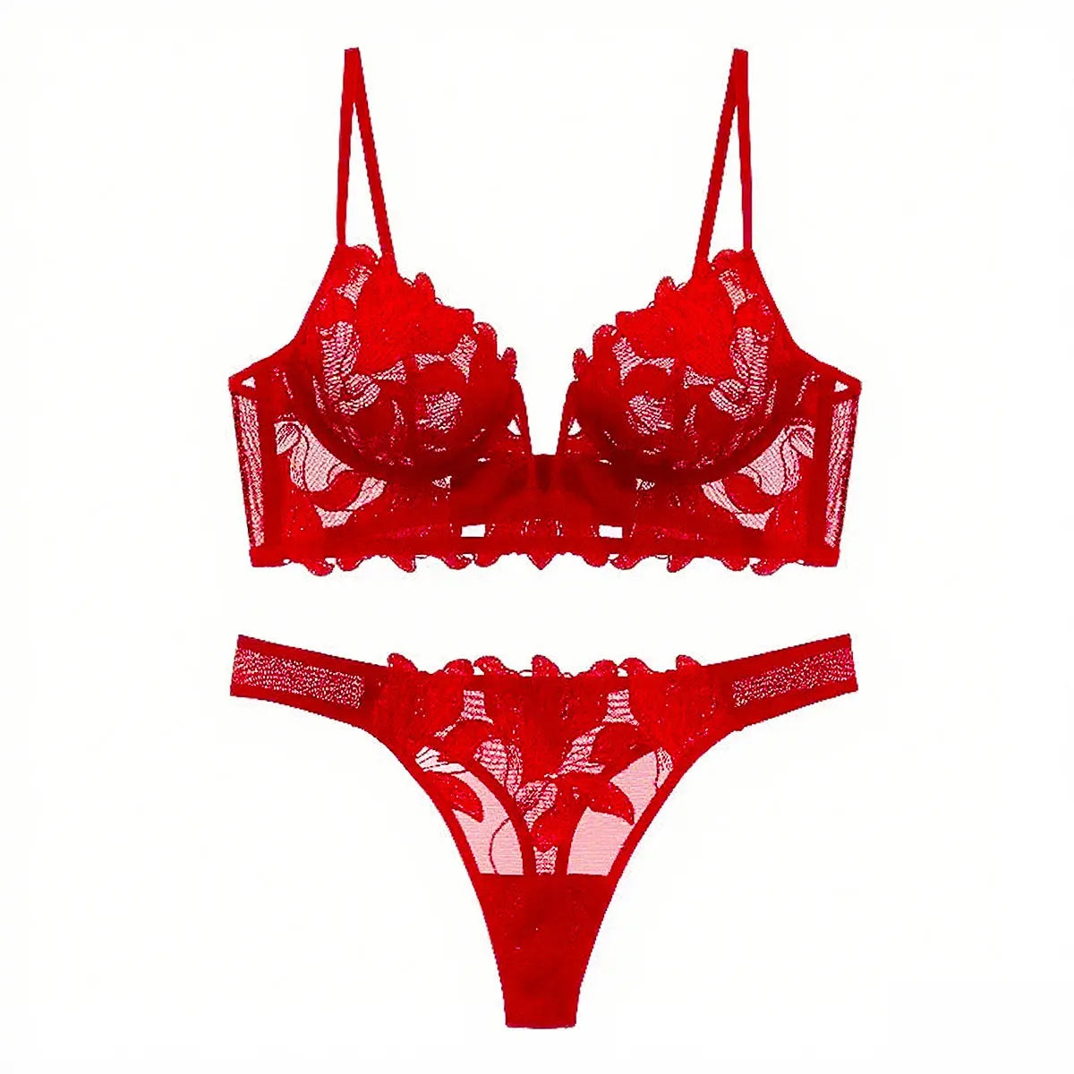 European and American sexy underwear set with French deep V embroidery, mesh lace, ultra-thin design, suitable for big chests.
