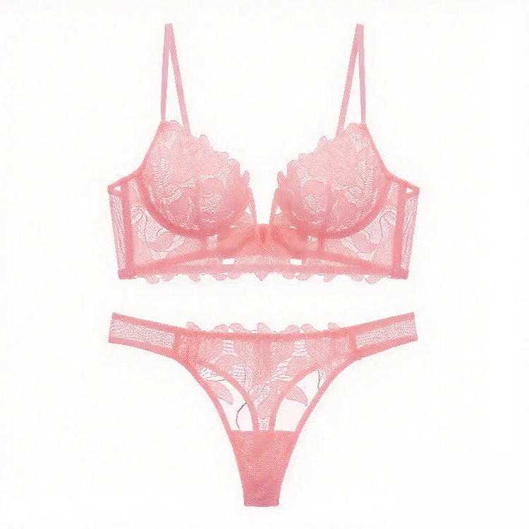 European and American sexy underwear French deep V embroidery stitching mesh lace underwear ultra-thin big chest small bra suit SHOPEZRA L.L.C.