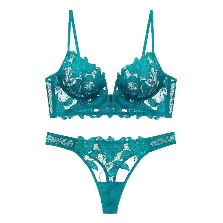 European and American sexy underwear French deep V embroidery stitching mesh lace underwear ultra-thin big chest small bra suit SHOPEZRA L.L.C.
