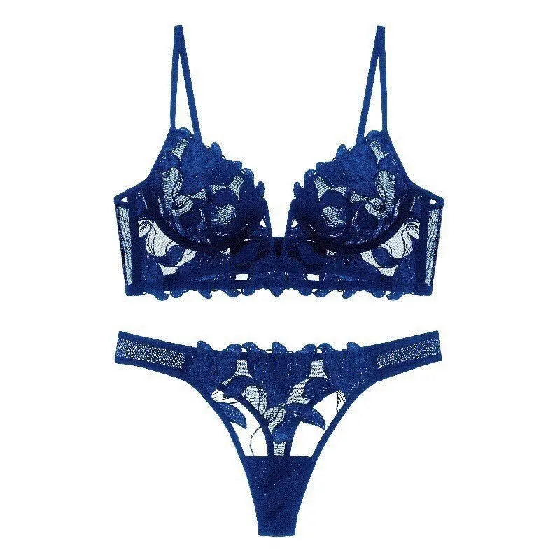 Black European and American sexy lingerie set with deep V embroidery mesh lace, ultra-thin bra for big chest and small bust.