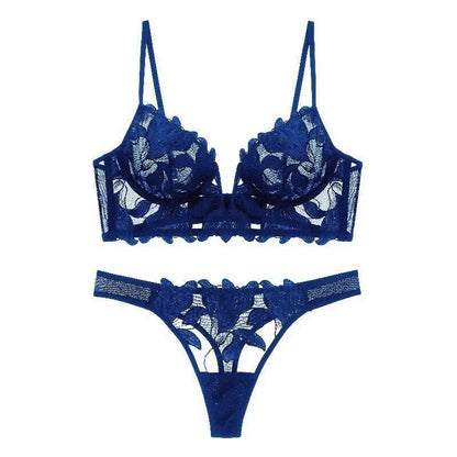 European and American sexy underwear French deep V embroidery stitching mesh lace underwear ultra-thin big chest small bra suit SHOPEZRA L.L.C.