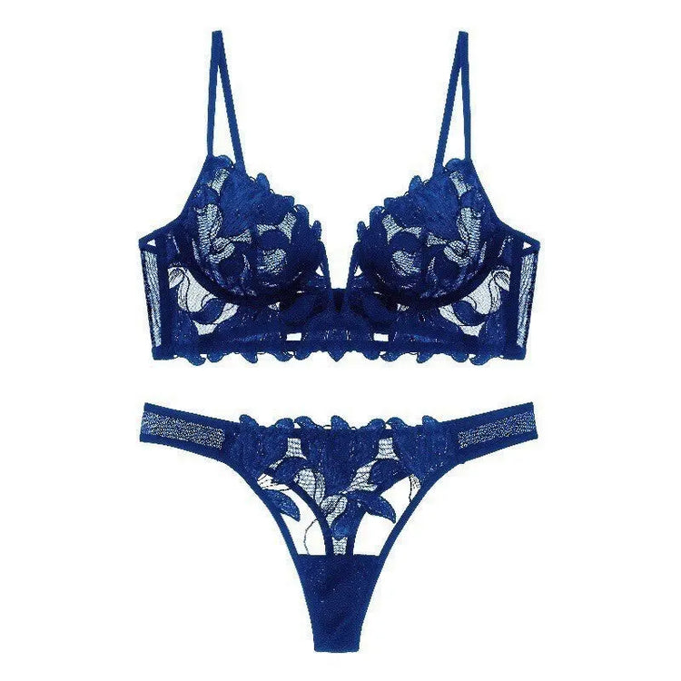 European and American sexy underwear French deep V embroidery stitching mesh lace underwear ultra-thin big chest small bra suit SHOPEZRA L.L.C.