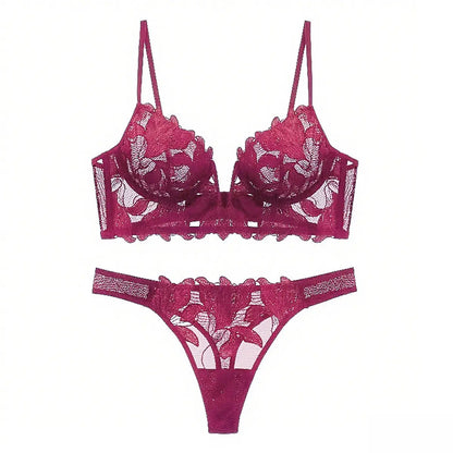 European and American sexy underwear French deep V embroidery stitching mesh lace underwear ultra-thin big chest small bra suit SHOPEZRA L.L.C.
