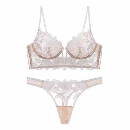 European and American sexy underwear French deep V embroidery stitching mesh lace underwear ultra-thin big chest small bra suit SHOPEZRA L.L.C.