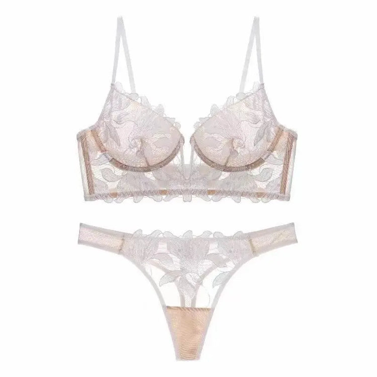 European and American sexy underwear French deep V embroidery stitching mesh lace underwear ultra-thin big chest small bra suit SHOPEZRA L.L.C.