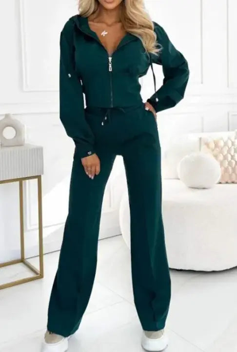 Hooded zipper jacket and pants set in dark green, perfect for cozy fall and winter outings.