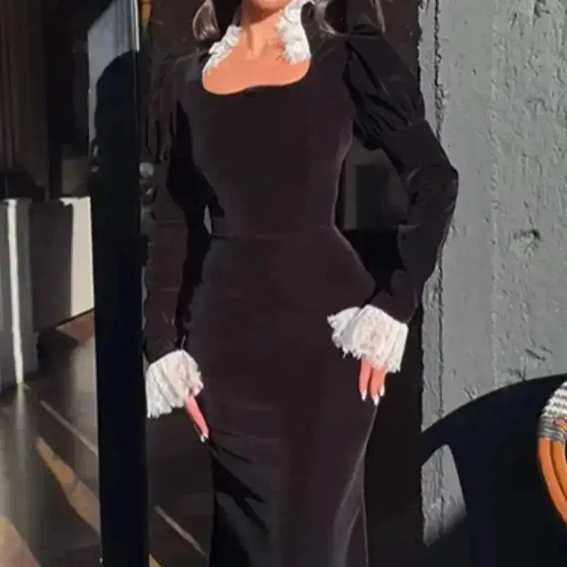 Sexy Lace Patchwork Velvet Long Dress Women Square Collar Full Sleeves Waist Slim Cinching Dresses 2026 Lady Party Vestidos New by Dropshipman