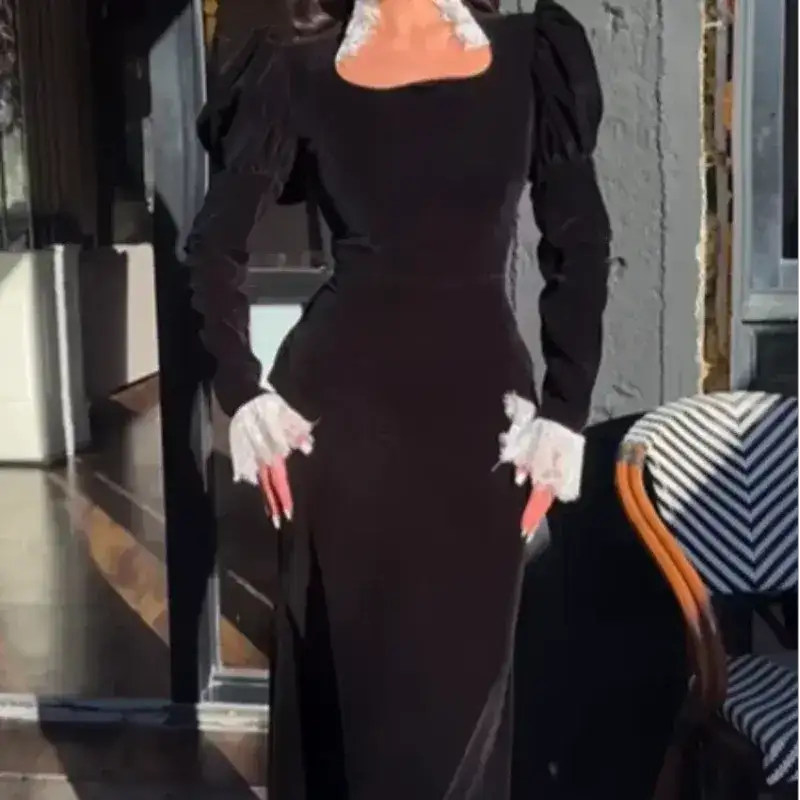 Sexy Lace Patchwork Velvet Long Dress Women Square Collar Full Sleeves Waist Slim Cinching Dresses 2026 Lady Party Vestidos New by Dropshipman