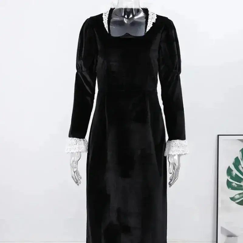 Sexy Lace Patchwork Velvet Long Dress Women Square Collar Full Sleeves Waist Slim Cinching Dresses 2026 Lady Party Vestidos New by Dropshipman