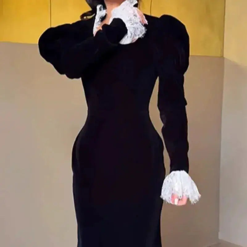 Sexy Lace Patchwork Velvet Long Dress Women Square Collar Full Sleeves Waist Slim Cinching Dresses 2026 Lady Party Vestidos New by Dropshipman