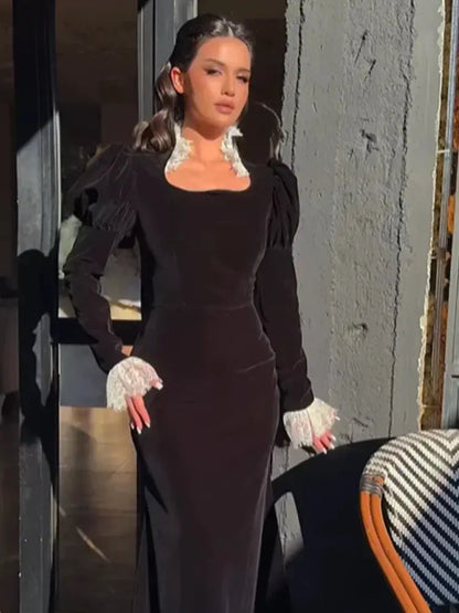 Sexy Lace Patchwork Velvet Long Dress Women Square Collar Full Sleeves Waist Slim Cinching Dresses 2026 Lady Party Vestidos New SHOPEZRA L.L.C.