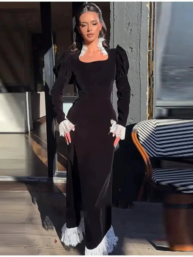 Sexy Lace Patchwork Velvet Long Dress Women Square Collar Full Sleeves Waist Slim Cinching Dresses 2026 Lady Party Vestidos New by Dropshipman