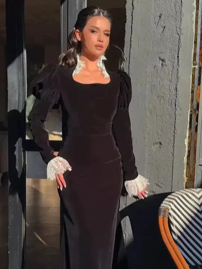 Sexy Lace Patchwork Velvet Long Dress Women Square Collar Full Sleeves Waist Slim Cinching Dresses 2026 Lady Party Vestidos New by Dropshipman
